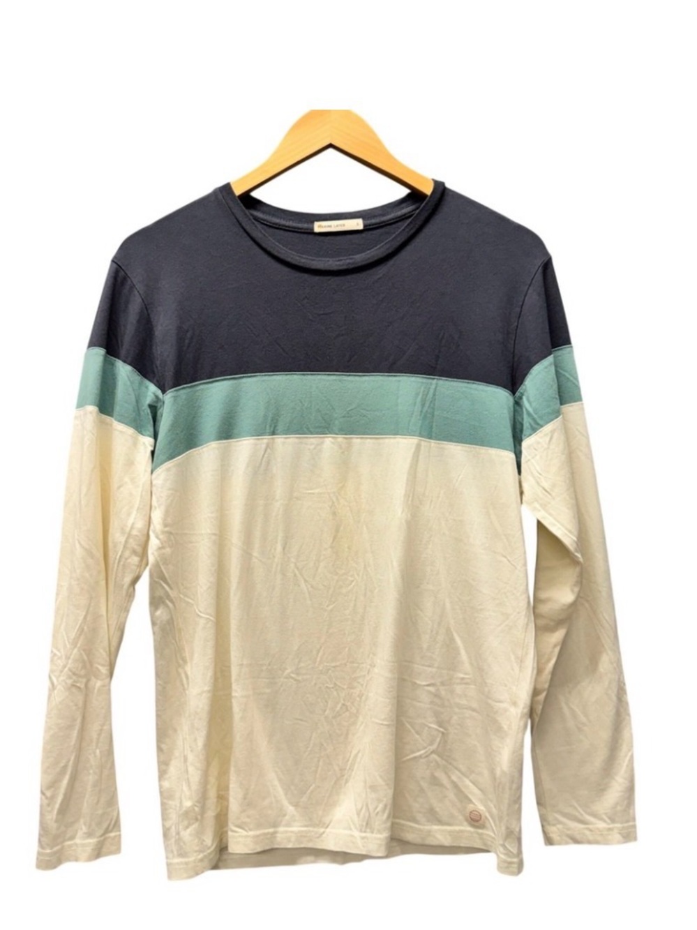 Marine Layer Jacob Crew Long Sleeve Stripe Color block T Shirt Blue/Cream Large